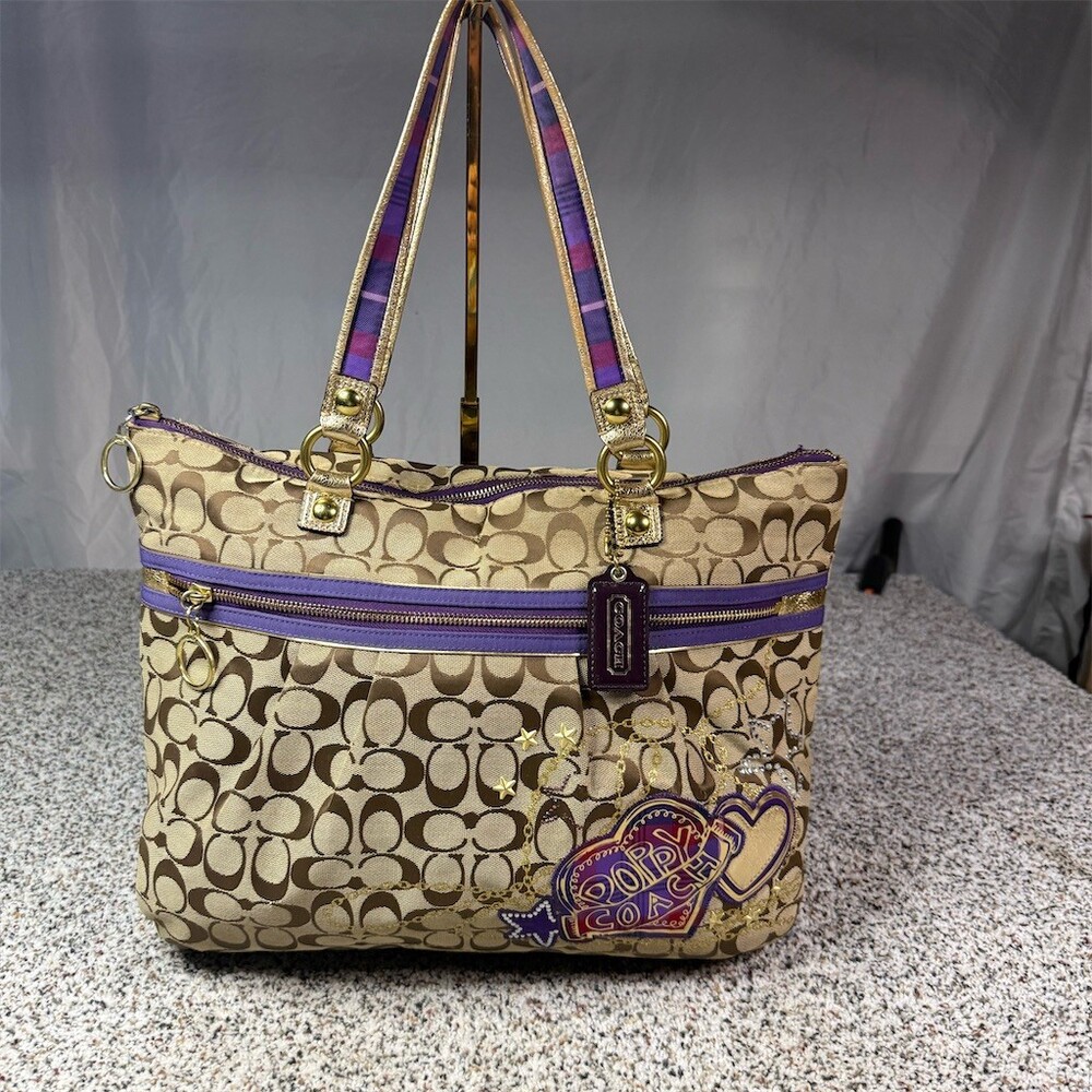 Coach Poppy Glam Tote Bag Womens Large Signature C Khaki Brown Purple